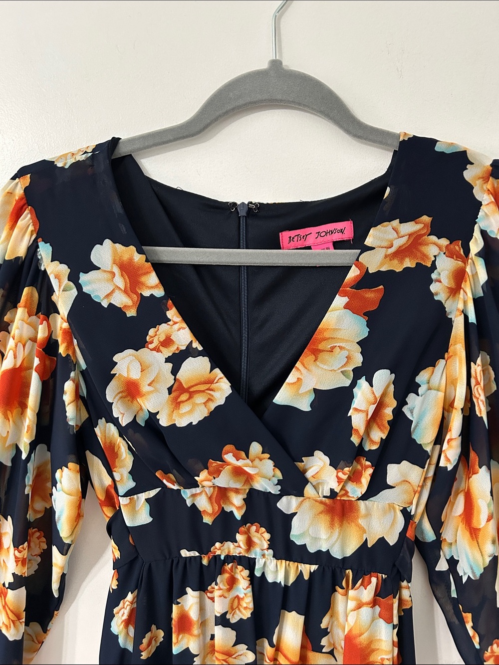 Betsey Johnson Dress Navy Garden Floral Mini Drama Bell Sleeves Fit and Flare - Picture 3 of 16